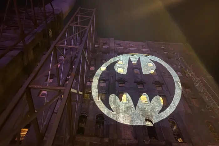 The Bat-Signal shining on the old Domino Sugar Refinery